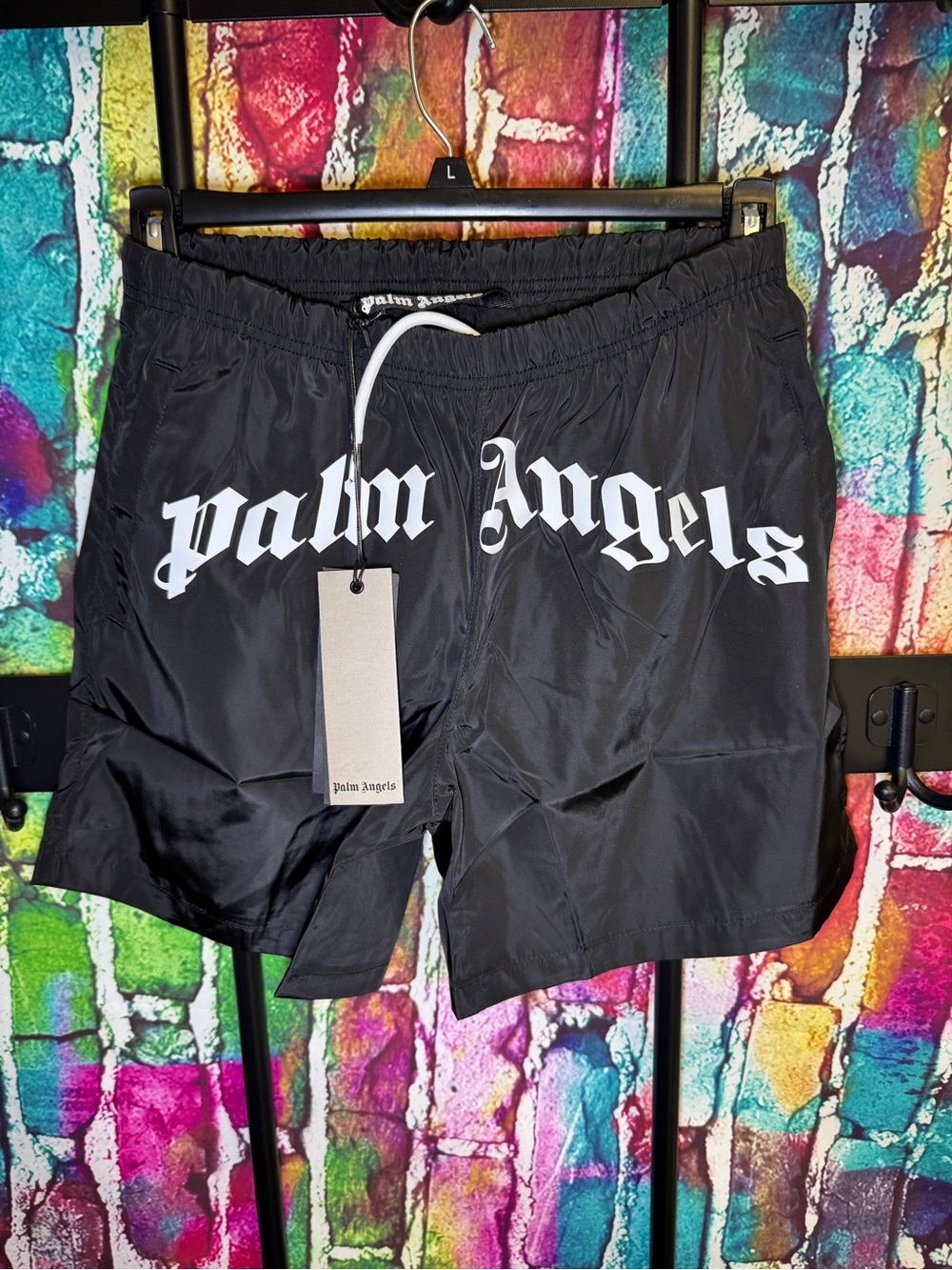 Palm Angels Black Swim Trunks with White Logo
